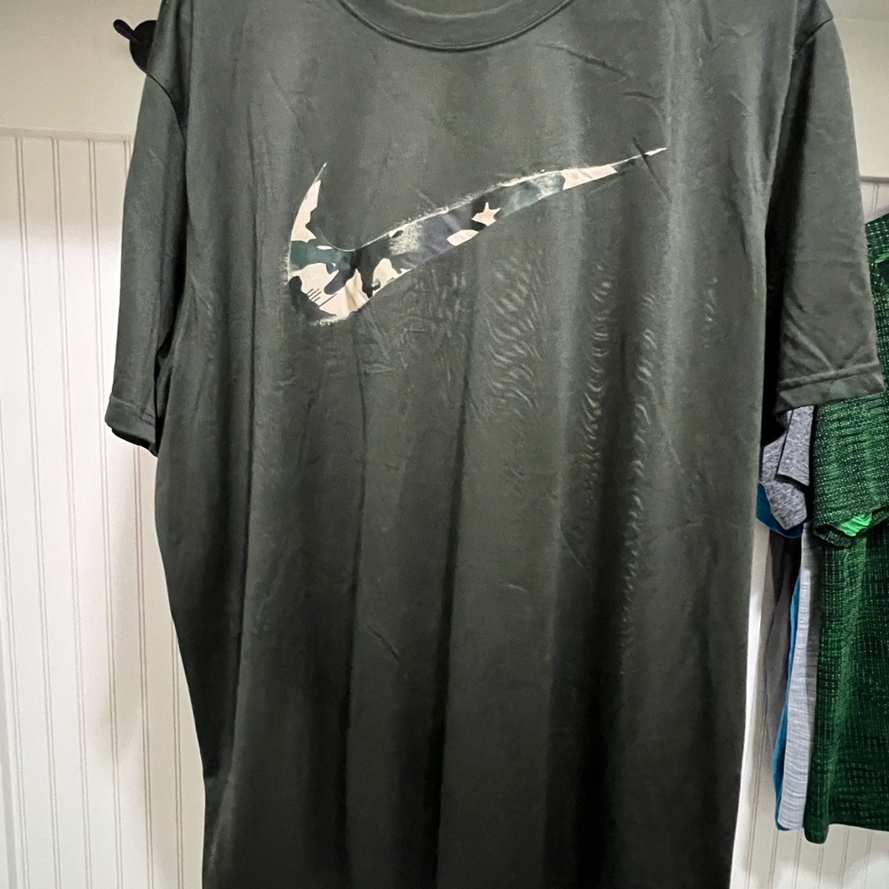 Nike Men's Olive Green Tee with Camo Swoosh